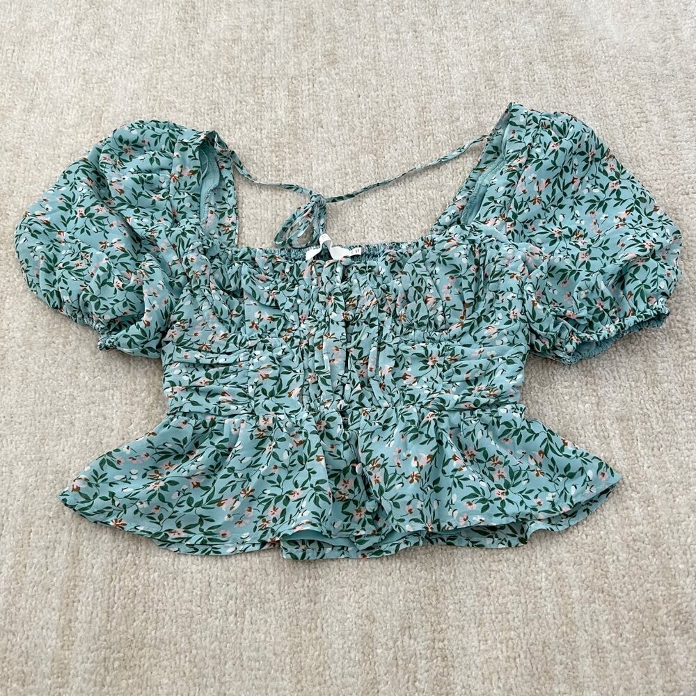 FLAWED ASTR The Label Corset Floral Puff Sleeve Crop Top XS